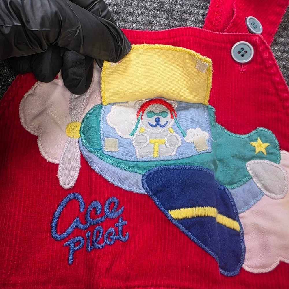 Vintage Hush Puppies Corduroy Ace Pilot Airplane Overalls Kids Size 3T Red